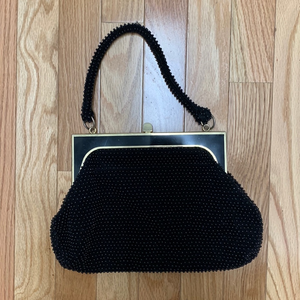 La Regale Art Deco Black Handbeaded Evening Bag